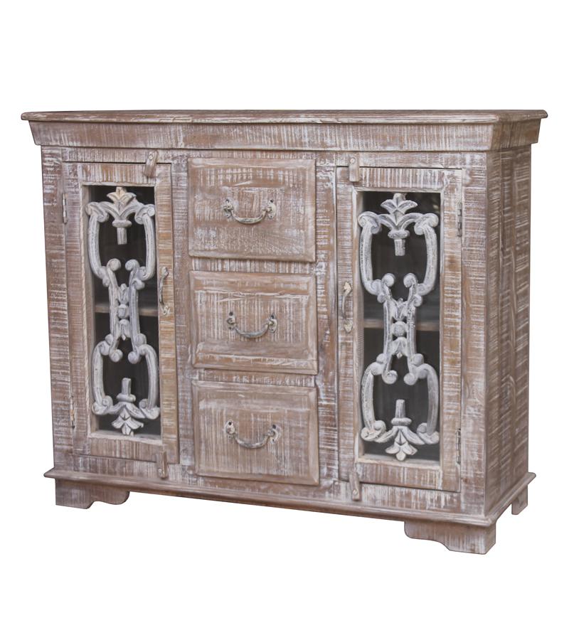 Solid Wood 2-Door 3-Drawer Cabinet w/ Iron & Glass Jali Doors
